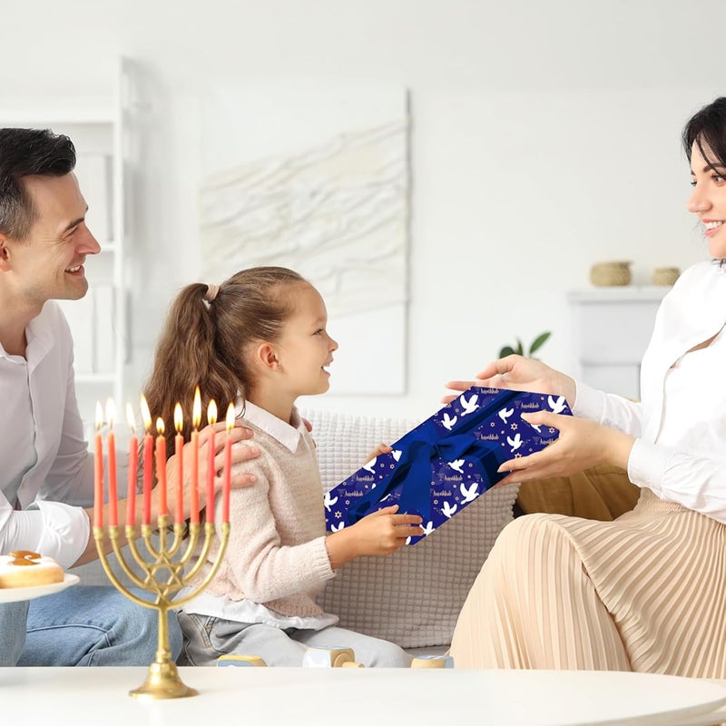 Cuitpan Hanukkah Wrapping Paper - Festival Gift Wrap with Doves, Menorahs, Star of David & Hanukkah Design - Perfect for Jewish Holiday Presents - 40×28 Inches, 4 Folded Sheets - Image 2